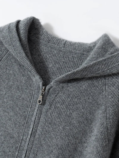 Men's Autumn Winter Cashmere Sweater Zippers Hooded Cardigan Jacquard Casual Pockets 100% Cashmere Knitwear Raglan Sleeve Tops