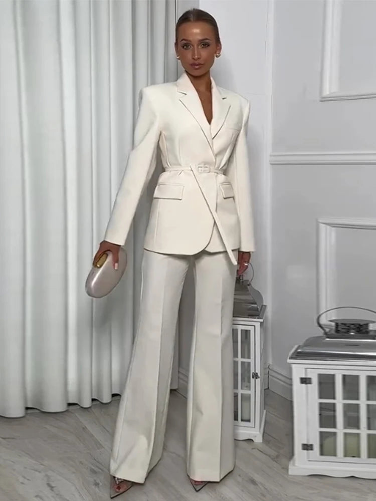 Belt Suit Coat Top Pants Set Lace Up Waist Cinching V-Neck Commuter Fashion Slim Fit Women Jacket Outwear Trousers Formal Attire