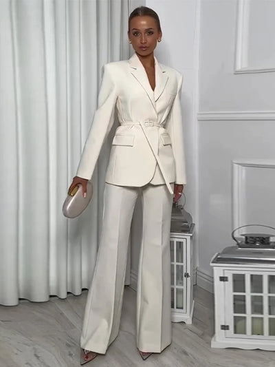 Belt Suit Coat Top Pants Set Lace Up Waist Cinching V-Neck Commuter Fashion Slim Fit Women Jacket Outwear Trousers Formal Attire