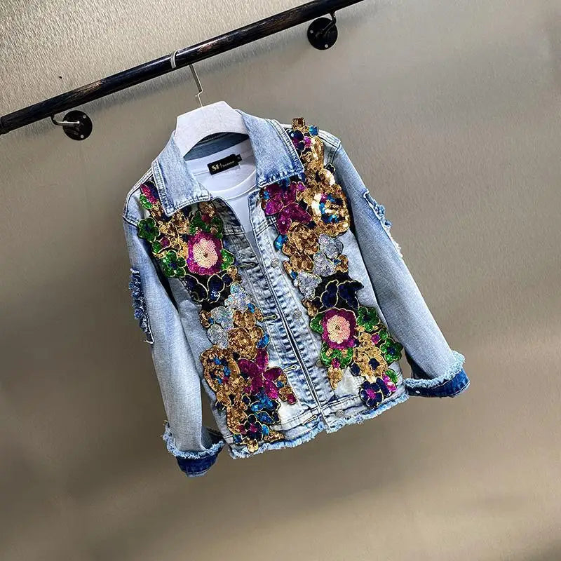Spring Autumn New Women's Embroidery Red Rose Short Denim Jacket Coat Hole Long Sleeve Skinny Blue Jeans Coats