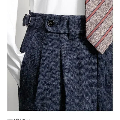 2025 Men's Autumn Winter Fashion High Waist Wool Trousers Male Tweed Casual Pockets Pants Men Long Straight Suit Pants F394
