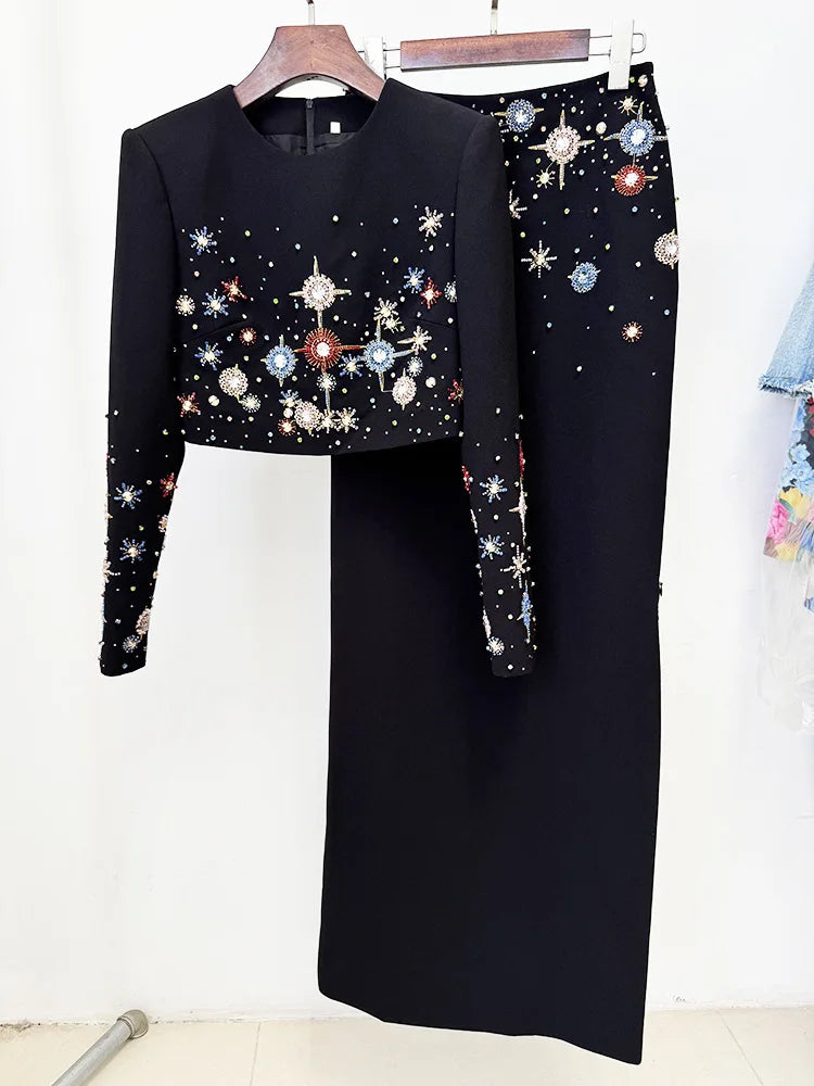 Crystal Two Piece Dress Set Women Long Sleeve Jacket Coat Pencil Maxi Skirt Suits 2pcs Outfits Brand Formal Evening Long Dresses