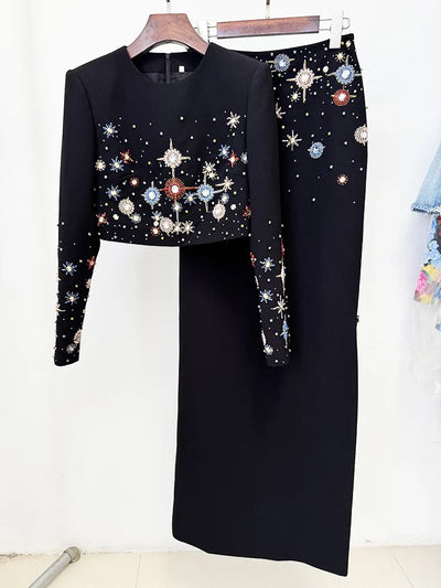 Crystal Two Piece Dress Set Women Long Sleeve Jacket Coat Pencil Maxi Skirt Suits 2pcs Outfits Brand Formal Evening Long Dresses