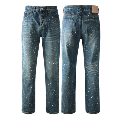 Men Straight jeans Fashion High Street Retro wash Rhinestones Retro Street Style Hip-hop Straight Trousers Streetwear Jeans
