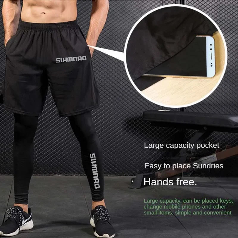 2025 Men's Outdoor Casual Quick Drying Fishing Pants, Cycling, Hiking, and Tight Elastic Two-piece Fitness Running Pants