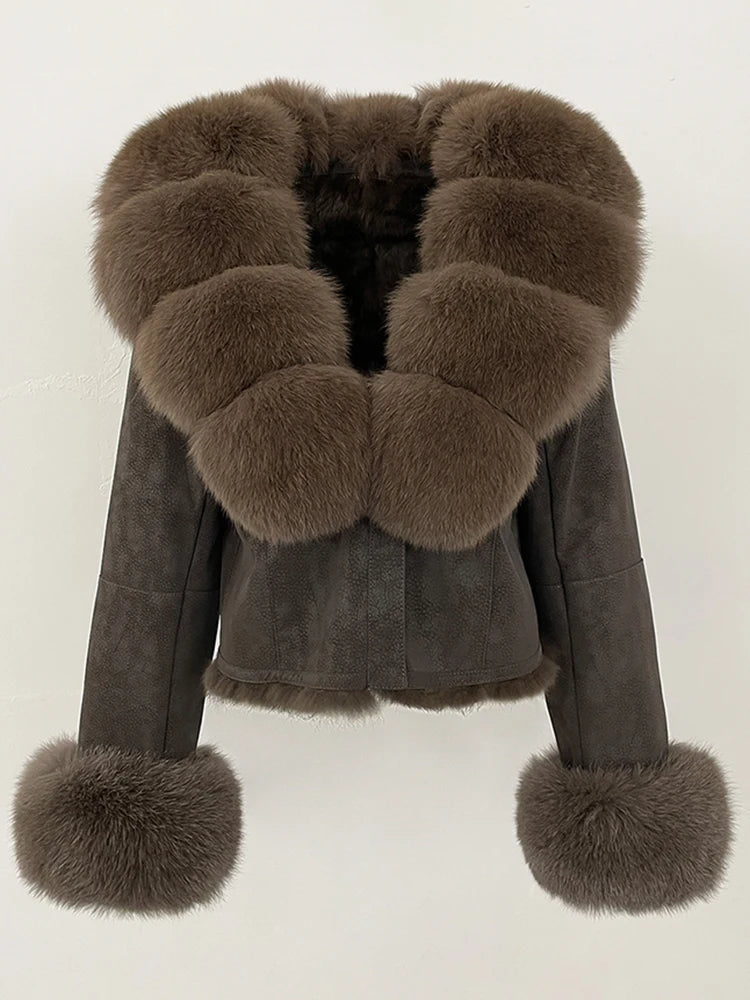 OFTBUY Fashion Short New Autumn Winter Fur Clothing Real Rabbit Fur Liner Suede Jacket Women Natural Fox Fur Collar Coat Female