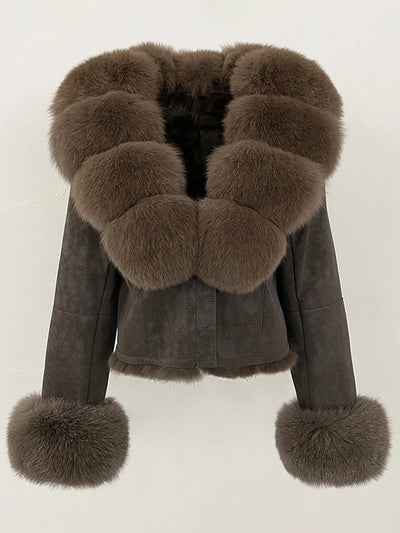 OFTBUY Fashion Short New Autumn Winter Fur Clothing Real Rabbit Fur Liner Suede Jacket Women Natural Fox Fur Collar Coat Female