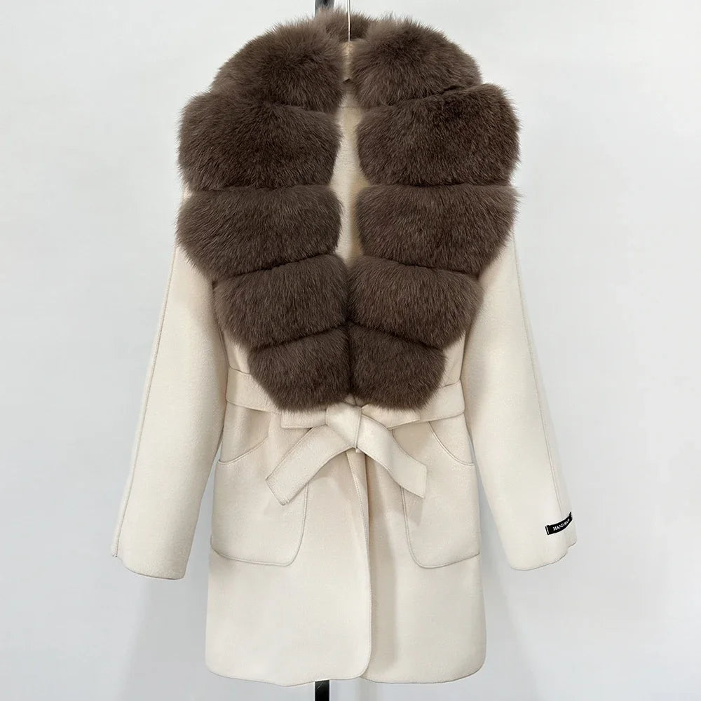 Wool Blend Jacket Autumn Women Winter Fashion Real Fox Fur Collar European Fahsion Woolen Coat Natural Fur Collar Coat Female