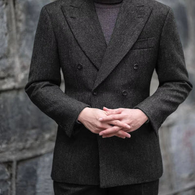 Men's Casual Suit 2 Pieces Blazers Pant Herringbone Men Suits Jackets Double Breasted Notch Lapel Slim Fit Coat Groom Wear NEW