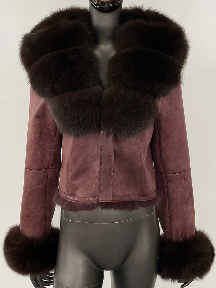 OFTBUY Fashion Short New Autumn Winter Fur Clothing Real Rabbit Fur Liner Suede Jacket Women Natural Fox Fur Collar Coat Female