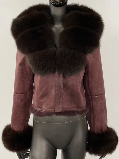 OFTBUY Fashion Short New Autumn Winter Fur Clothing Real Rabbit Fur Liner Suede Jacket Women Natural Fox Fur Collar Coat Female