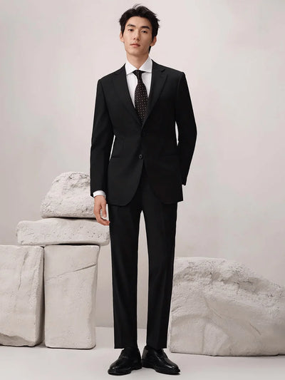 100% Wool Luxury Black Mens Suits Set Casual Businessman Daily Wear Fashion Wedding Groom Formal Suit Blazer + Pant Slim Fit 54