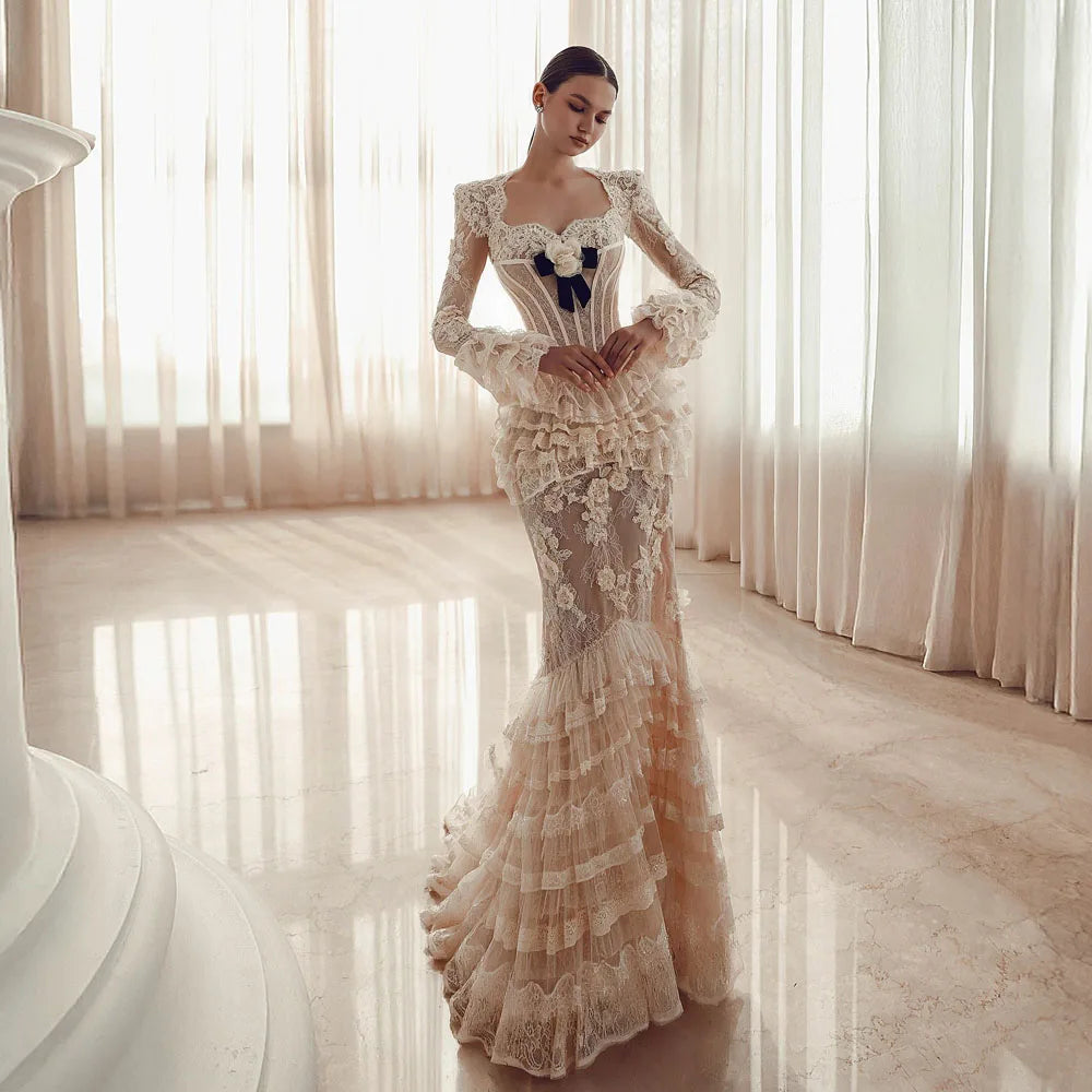 Princess Lace Mermaid Evening Dresses With Delicate Appliques Ruffles Lace Long Bridal Dress Formal Dress