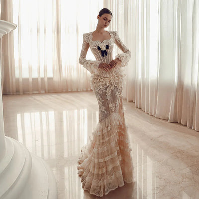 Princess Lace Mermaid Evening Dresses With Delicate Appliques Ruffles Lace Long Bridal Dress Formal Dress