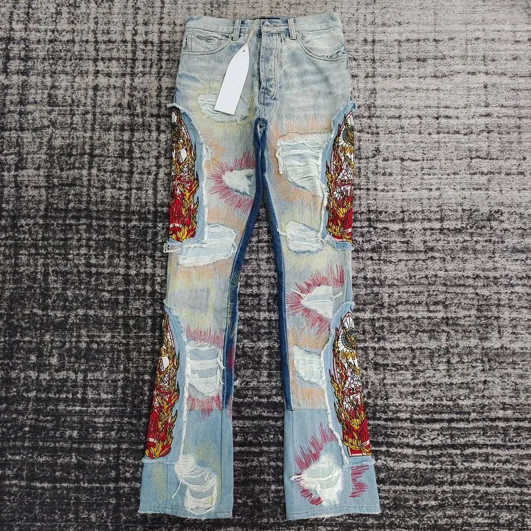 men complicated embroidery stitching distressed jeans