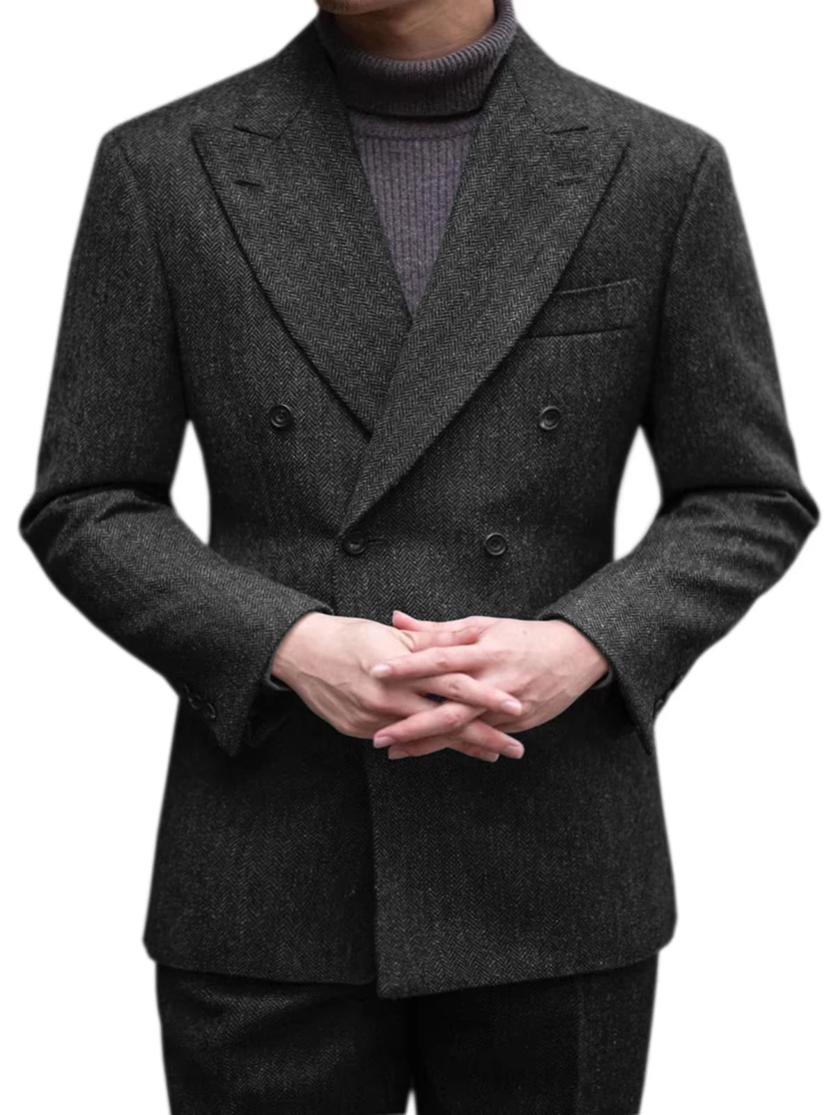 Men's Casual Suit 2 Pieces Blazers Pant Herringbone Men Suits Jackets Double Breasted Notch Lapel Slim Fit Coat Groom Wear NEW