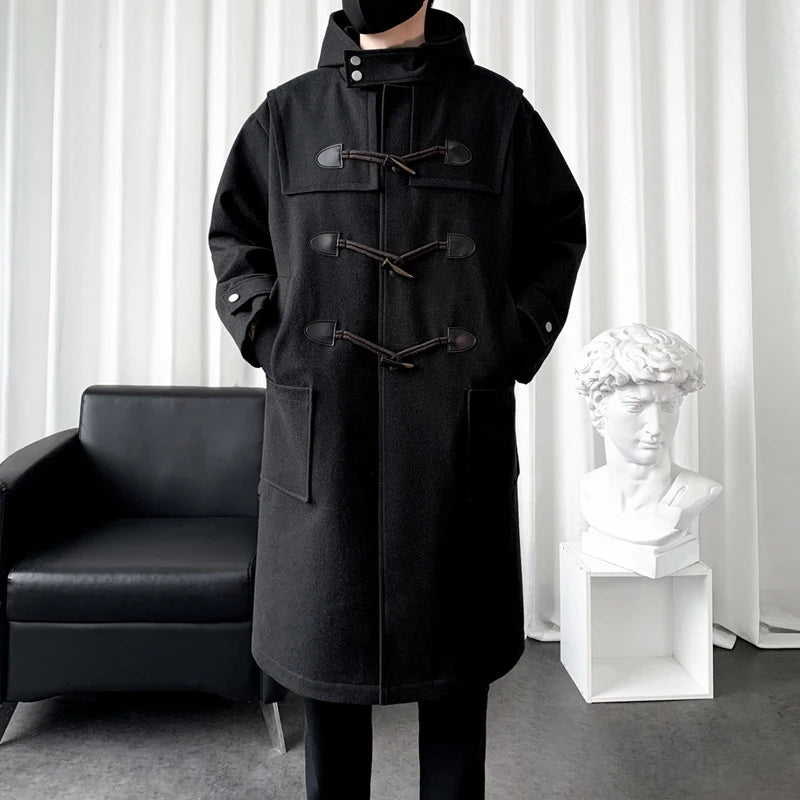 2025 Autumn Men Korean Hooded Trench Coat Men Casual Horn Button Woollen Coat Men Black Warm Long Coat Male Wool Blends Overcoat