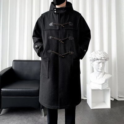 2025 Autumn Men Korean Hooded Trench Coat Men Casual Horn Button Woollen Coat Men Black Warm Long Coat Male Wool Blends Overcoat