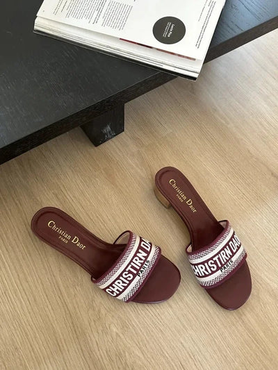2024 Spring Summer New Women's Embroidery Letter Slippers One-Row Round Head Thick Heel Middle Heel Slip-On Outer Wear