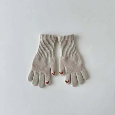 Winter Warm Children Long Gloves Solid Woolen Five Finger Glove Embroidered Love Kintted Mittens 4-8year Kids Touchscreen Gloves