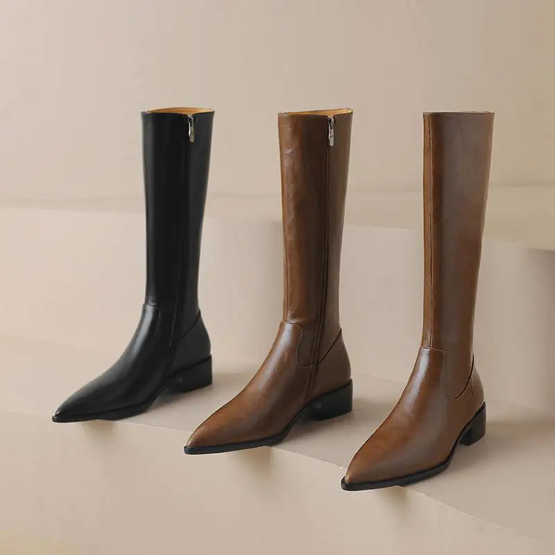 Krazing Pot Cow Skin Ins Pointed Toe Thick Heels Riding Boots British School Slip On French Romantic Model Wear Thigh High Boots