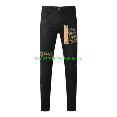 25fw High Street Men's Jeans Paint Hole Trend Low Rise Skinny Denim Pants Pleated Ripped Solid Trousers