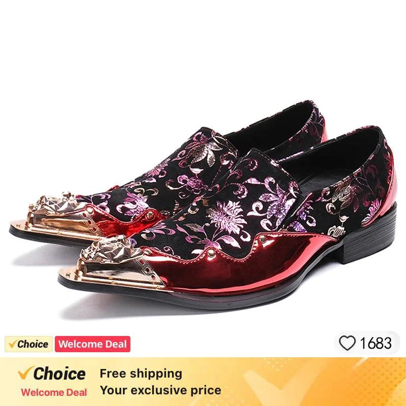 Men's Shoes Italian Style Pointed Metal Toe Leather Dress Shoes Men Slip on Oxfords Shoes for Men's Party and Wedding