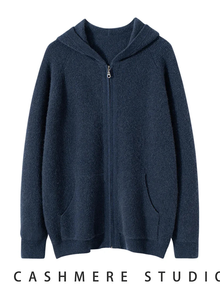 Men's Autumn Winter Cashmere Sweater Zippers Hooded Cardigan Jacquard Casual Pockets 100% Cashmere Knitwear Raglan Sleeve Tops