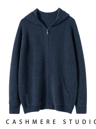 Men's Autumn Winter Cashmere Sweater Zippers Hooded Cardigan Jacquard Casual Pockets 100% Cashmere Knitwear Raglan Sleeve Tops