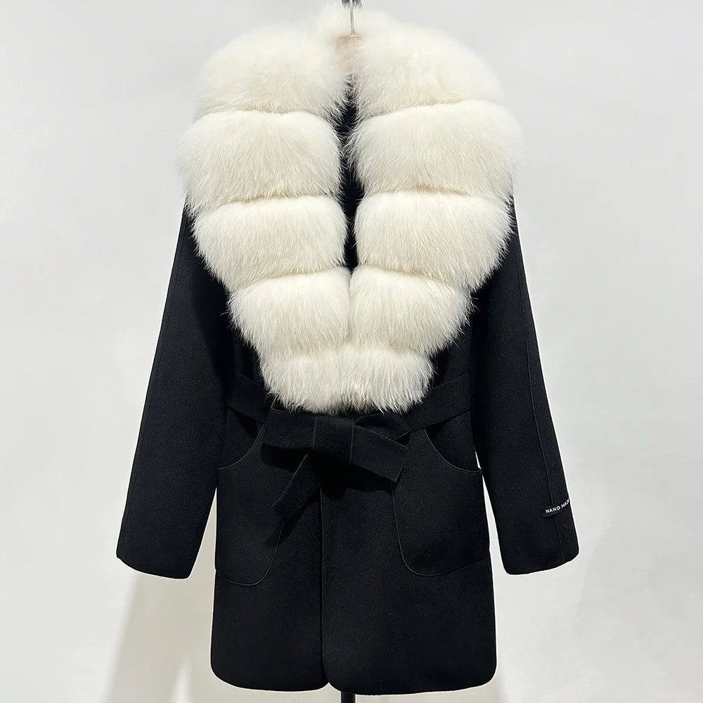 Wool Blend Jacket Autumn Women Winter Fashion Real Fox Fur Collar European Fahsion Woolen Coat Natural Fur Collar Coat Female