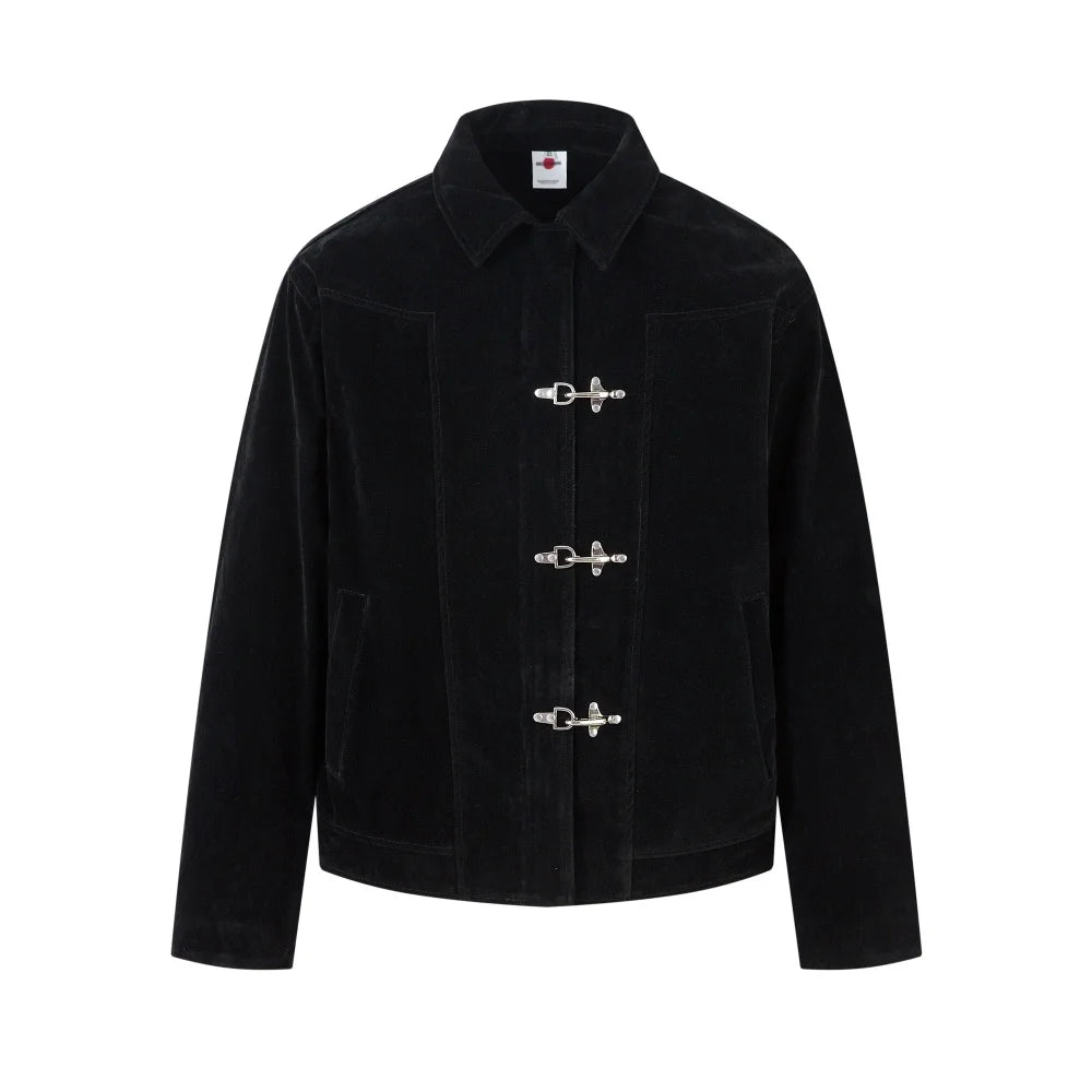 Retro Spliced Suede Jacket Mens Button Decoration Autumn Winter Retro Lapel Long Sleeve Loose Outerwear Man