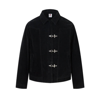 Retro Spliced Suede Jacket Mens Button Decoration Autumn Winter Retro Lapel Long Sleeve Loose Outerwear Man