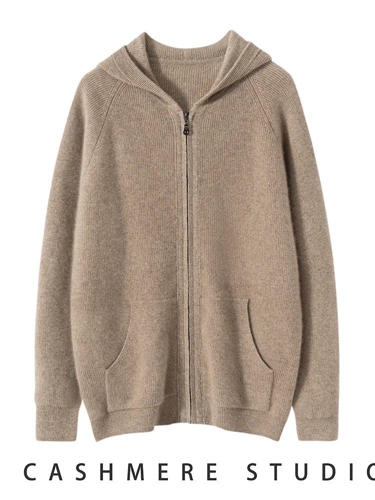 Men's Autumn Winter Cashmere Sweater Zippers Hooded Cardigan Jacquard Casual Pockets 100% Cashmere Knitwear Raglan Sleeve Tops