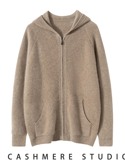 Men's Autumn Winter Cashmere Sweater Zippers Hooded Cardigan Jacquard Casual Pockets 100% Cashmere Knitwear Raglan Sleeve Tops