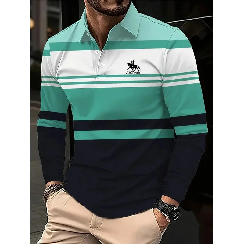 Classic minimalist striped long sleeved men's polo fashion autumn and winter casual golf oversized sport pullover men's Clothing