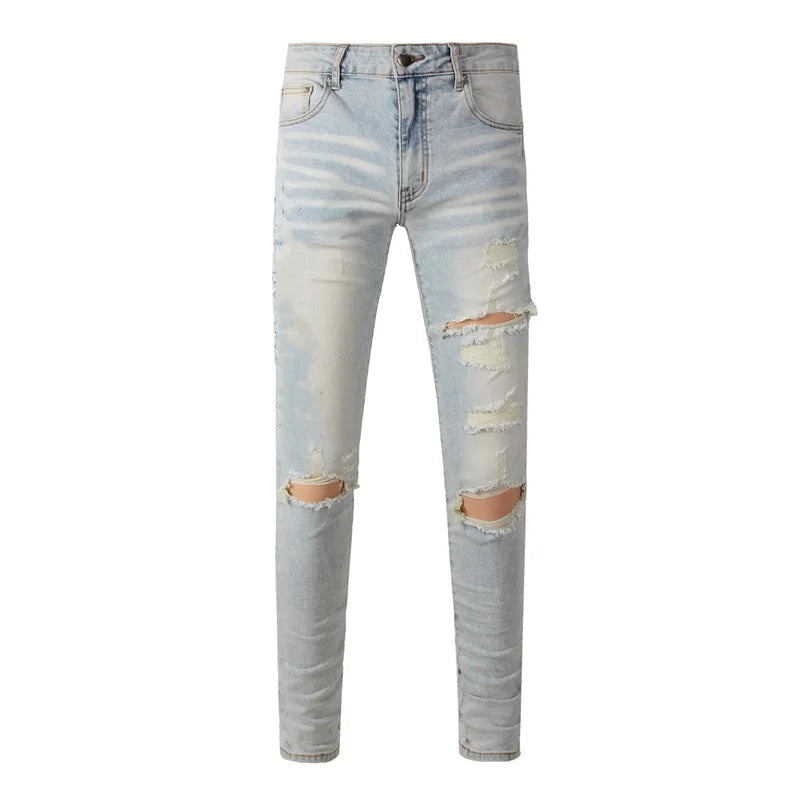 Americans New Trendy Streetwear Men's Jeans Low Rise Skinny Denim Pants Pleated Ripped Trousers