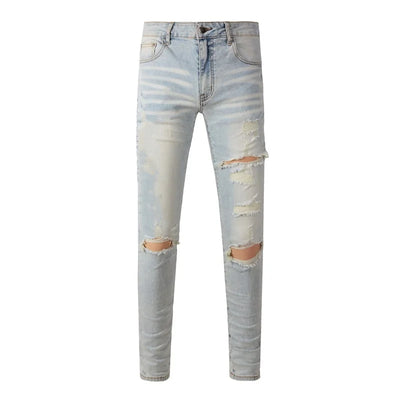 Americans New Trendy Streetwear Men's Jeans Low Rise Skinny Denim Pants Pleated Ripped Trousers