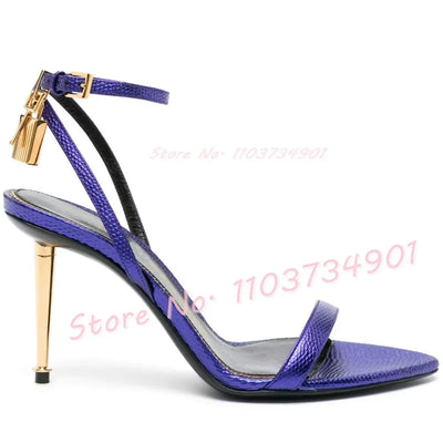 Metal Heel Lock Metallic Leather Sandals Female Luxury Open Toe Stiletto High Heels Shoes Lady Elegant Party Ankle Strap Sandals