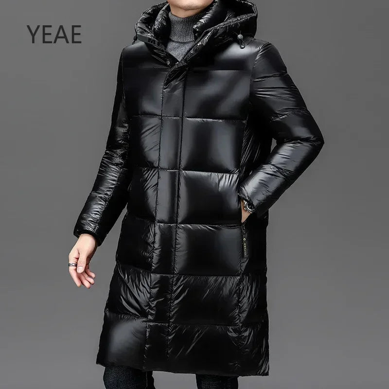 YEAE Winter New White Duck Down Thick Black Gold Down Jacket Men's Medium and Long High-end Leisure Warm Hooded Coat Clothing