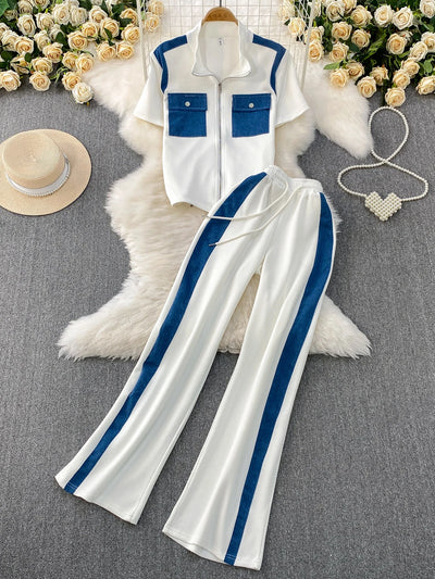 2025 New Casual Zipper Collar ort Sve Patchwork Denim T-irt Top High Waist Slim Wide Leg Pants Two Piece Set Women's F...