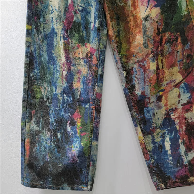 DEAT Women's Jeans High Waist Retro Colorful Straight Printed Splashed Ink Graffiti Denim Pants 2025 New Fashion Summer 29L9916