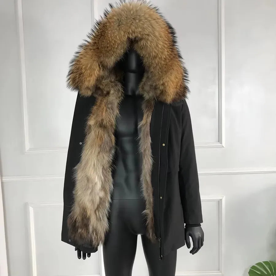 Real Raccoon Fur Coat Men Real Fur Parkas With Hood Warm Winter Men's Parka Natural Fox Fur Large Collar