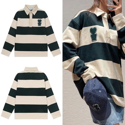 Casual Embroidered Collar Men's Sweatshirt Love Heart Stripe Color Block Top AMI ANCIENT Autumn Winter Polo Style Streetwear