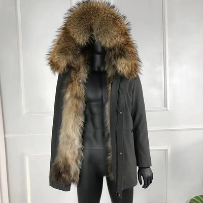 Real Raccoon Fur Coat Men Real Fur Parkas With Hood Warm Winter Men's Parka Natural Fox Fur Large Collar