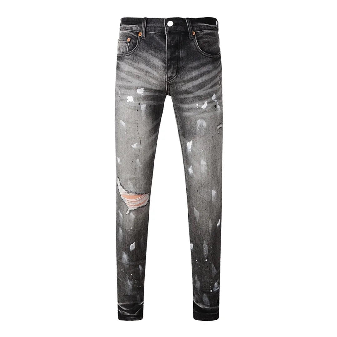 Americans High Street Trendy Men's Jeans Low Rise Stretch PantsSkinny Button Fly Ripped Retro Hold Trousers
