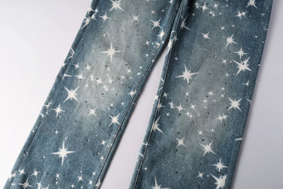 Men Straight jeans Fashion High Street Retro wash Rhinestones Retro Street Style Hip-hop Straight Trousers Streetwear Jeans