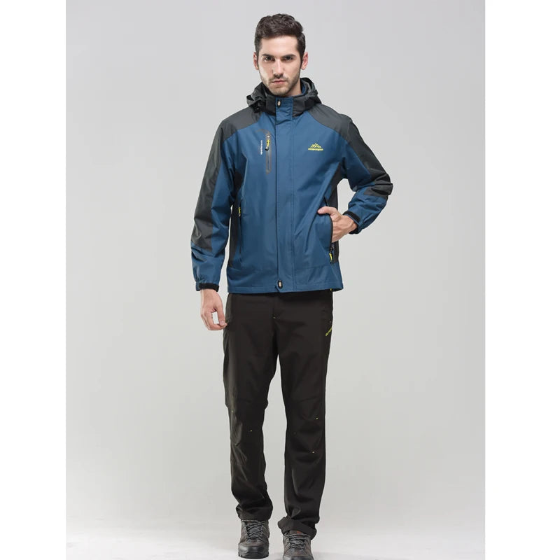 Outdoor Hiking Jacket and Pants Sets Men Autumn Thermal Waterproof Windproof Hooded Jackets Trip Mountain Camping Clothes
