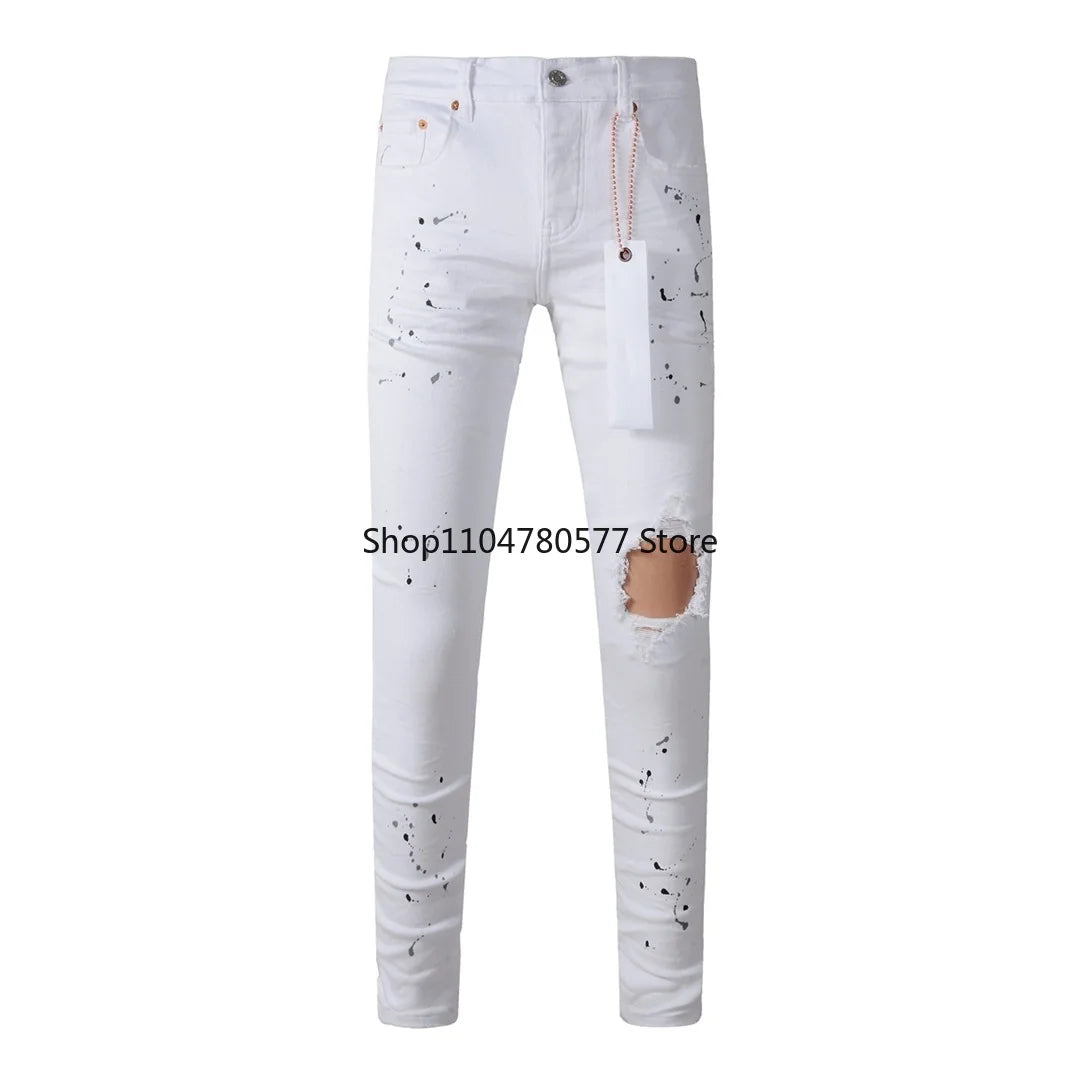 Americans High Street Trendy Men's Jeans Low Rise Stretch PantsSkinny Button Fly Ripped Retro Hold Trousers