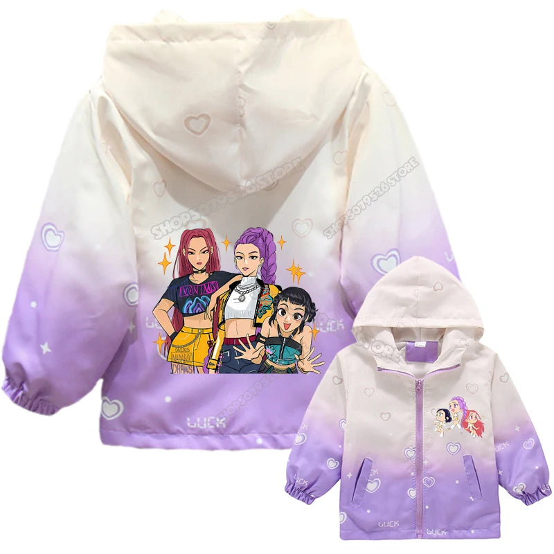 KPop Demon Hunters Girls Hood Jacket Kids Windbreak Coat Outdoor Casual Waterproof Jackets Zip Up Coat Movie Anime Outerwear