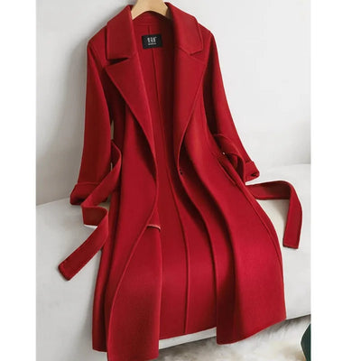 Red Double-sided cashmere Coat Women's 2025 New Autumn Winter high-end Woolen Coats With belt Temperament Long Overcoat Female